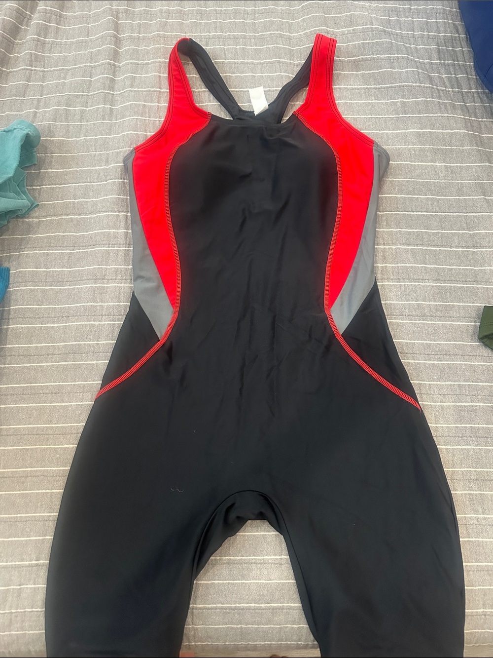 Women’s One-Piece Racing Swim Suit - Black with Red & Gray Panels